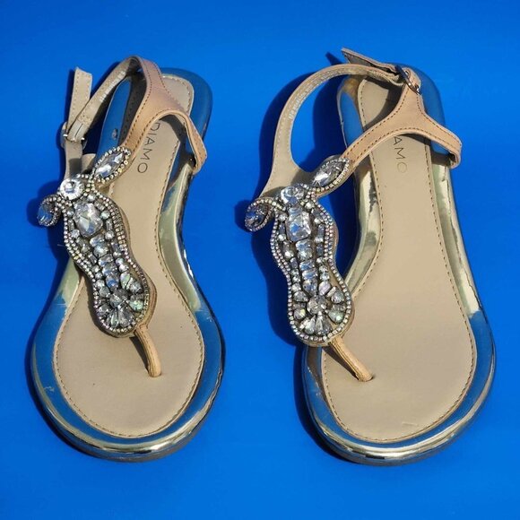 Andiamo Neutral Gold-Trim Bejeweled Thong Heeled Sandals 8.5 Wide - Picture 4 of 7